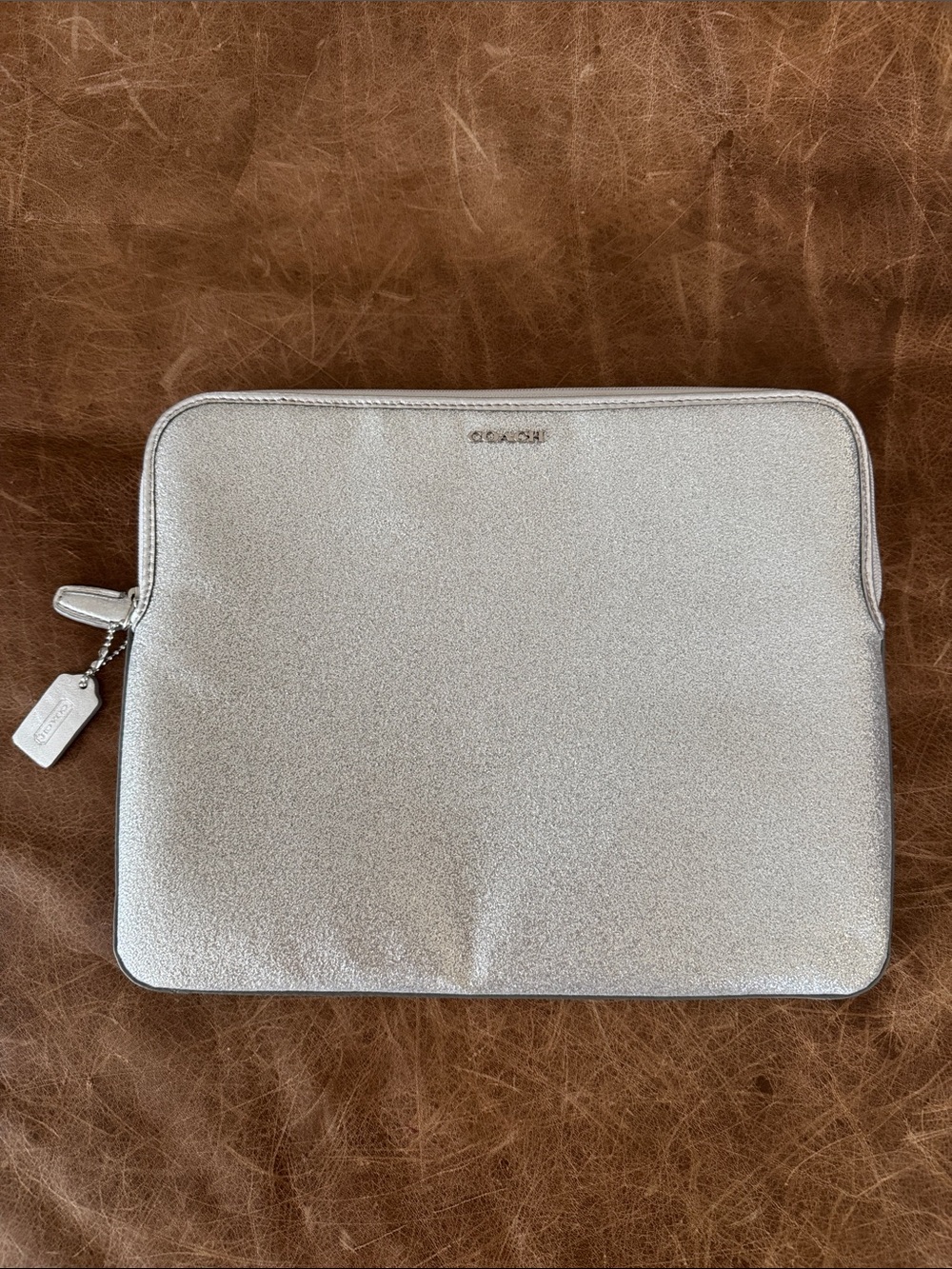 Coach Metallic Silver Tablet Sleeve with Zip Charm